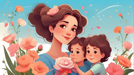 Portret mamy z dwójką dzieci, z kwiatami na tle błękitnego nieba ilustracja