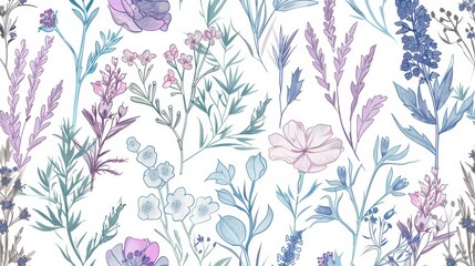 Watercolor Botanical Illustration with Purple and Blue Flowers