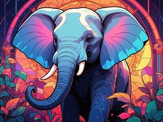 Elephant. Mesh background. Vibrant colors