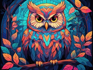 Owl. Futuristic synthwave. Intricate patterns. Neon accents.