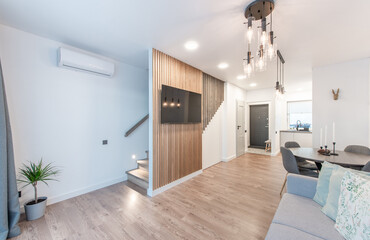 Luxury Living Room Interior. Modern Wide TV Screen. Sofa, Table Chairs and LED Light on the Ceiling.