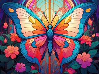 Butterfly. Neon contours. Art Nouveau.
