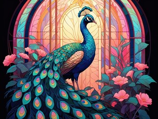 Peacock. Geometric patterns. Glassy background.