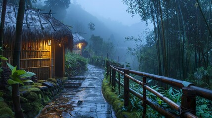live shooting, at night, on a rainy day, in the middle of a dense bamboo forest on a hillside, there is a wet and secluded stone path with wooden railings