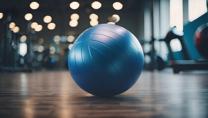 Blue gym ball at the gym. Close up 