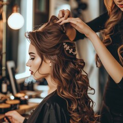 Hairdresser creating beautiful hairstyle for stylish young woman with long hairs at modern luxury hairdressing salon