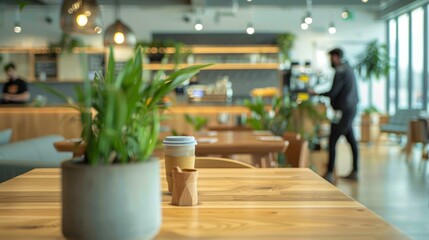 Modern co-working building relaxation lounge are or spacious bright cafe. Closeup to wooden table with chairs and blurred background with cafe area and barista serving organic drinks