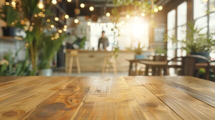 A wooden table with a view of a restaurant. The table is empty and the restaurant is full of plants