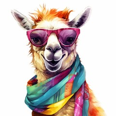 Fototapeta premium Fashionable llama wearing colorful scarf and pink sunglasses on a white background