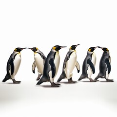 Fototapeta premium Five Emperor penguins marching in a line on a white background