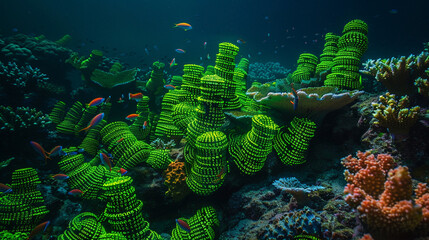 Matrix reef, coral-like structures of green code on a dark seabed