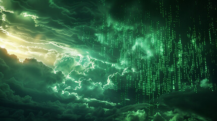 Matrix stormfront, an advancing front of green code clouds over dark lands