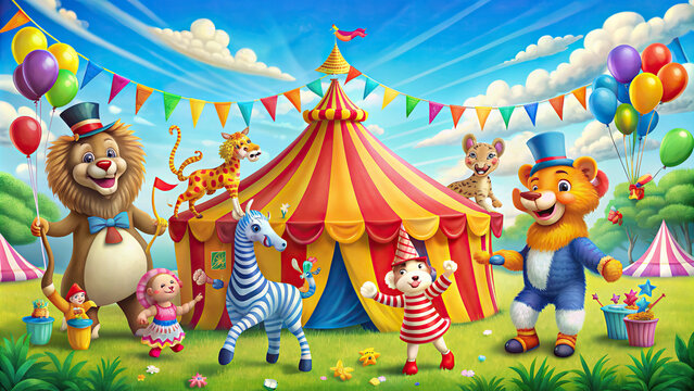 Colorful animal party with a circus theme, featuring acrobatics, clown noses, and a big top tent in the background.