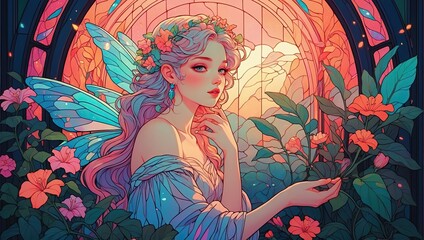 Beautiful magical girl. Stained glass style. Modern illustration