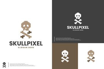 Obraz premium skull head logo in 8 bit style, tech pixels, logo design template.