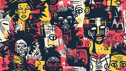 punk pop rock style elements abstract face with grungy texture with color splash abstract background, seamless pattern tile, Generative Ai