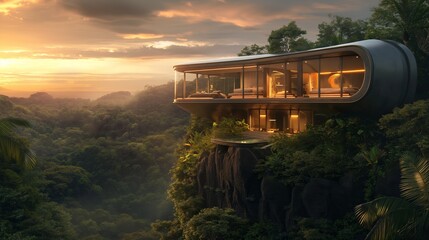 Futuristic hotel on a mountain with a big windows at Sunset
