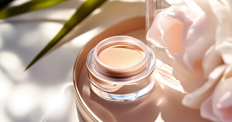 Elegant Makeup Products Laid Out for Display Amidst Soft Light and Flowers