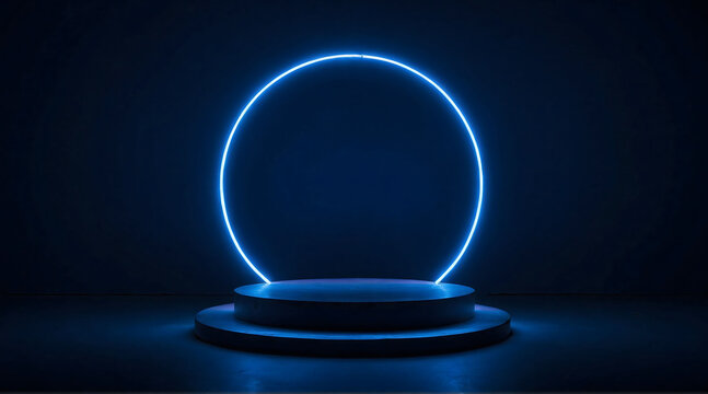 Background podium 3D light neon blue platform stage product abstract. Scene background 3D podium dark pedestal room glow studio empty stand floor night modern circle show space display game led black.