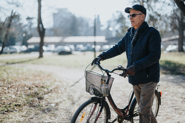 Obraz premium Senior man enjoying a sunny day outdoors with his bicycle in a park.