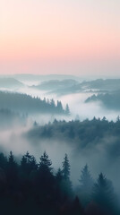 Misty horizon with trees, mountains, and cloudy sky in a natural landscape