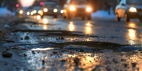 Drivers navigating around potholes on a crumbling city street causing traffic congestion. Concept Traffic Congestion, Infrastructure Challenges, Urban Decay, Pothole Damage, City Transportation