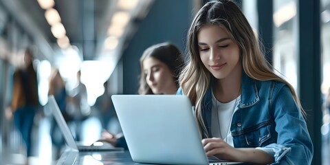 Group of teenagers studying together with laptops in school hallway. Concept Teenagers, Education, Study Group, Technology, School Hallway