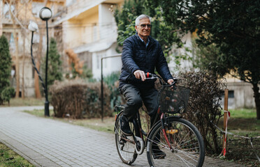 Obraz premium Active senior man enjoying a leisurely bike ride in a peaceful urban park setting.