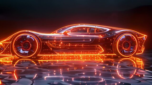 This futuristic car gleams under neon lights. Futuristic Car Illuminated by Neon Lights