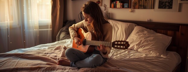 girl or young woman with guitar playing in the room at home