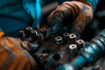 a mechanic's hands applying thread locker to bolts before reassembly