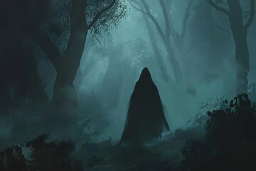 mysterious hooded figure walking through a dark foggy forest atmospheric digital painting