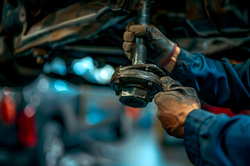 a mechanic's hands using a hydraulic jack to lift a car off the ground for undercarriage inspection