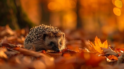 Wild, native, European hedgehog in Autumn foraging 