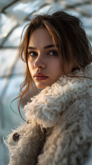 A young woman with brown hair and blue eyes is clad in a thick, fluffy winter fur coat.

