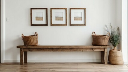 Tranquil, simple entryway featuring a wooden bench, framed landscape artwork, and stylish wicker baskets against a muted background