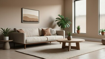 Chic modern living space with sunlit windows, beige sofa, round coffee table, and indoor plants