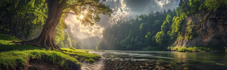 panoramic photo of beautiful river in the forest, sun shining through clouds, green trees on both sides of the water, green grassy bank next to cliff edge Generative AI