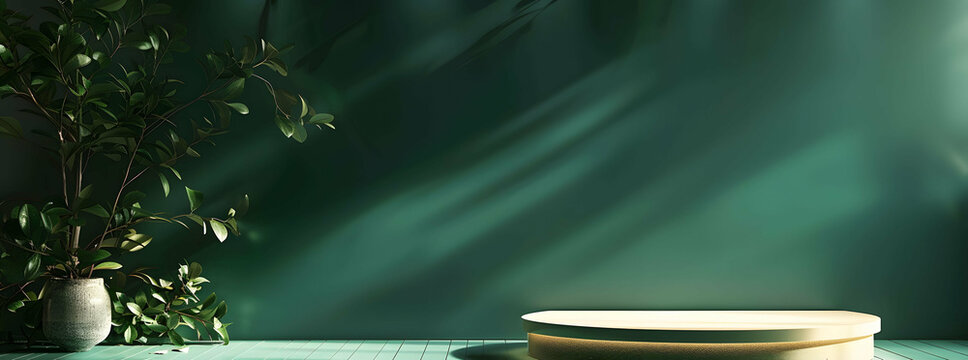 Background green podium product platform 3D display stage stand luxury. Green background podium abstract studio leaf pedestal scene minimal plant design cosmetic light presentation wall modern tree. 