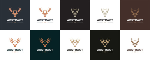 collection of deer head logo with antlers, symbol of luxury, modern geometric style, logo design illustration.