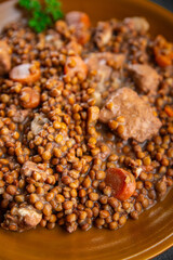 lentils with meat beef or pork fresh cooking appetizer meal food snack on the table copy space food background 