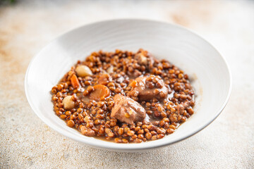 lentils with meat beef or pork fresh cooking appetizer meal food snack on the table copy space food background 