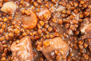 lentils with meat beef or pork fresh cooking appetizer meal food snack on the table copy space food background 