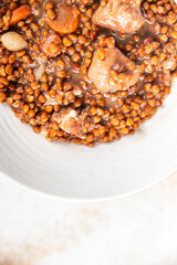 lentils with meat beef or pork fresh cooking appetizer meal food snack on the table copy space food background 
