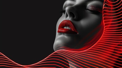 Create an artistic black and white portrait of a woman with bright red lips