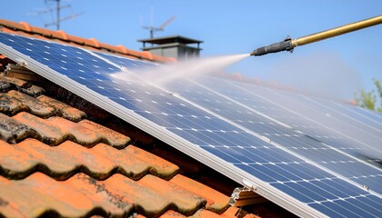 Solar panel cleaning, Dynamic scene of skilled cleaner spraying water on solar panels