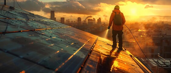 Meticulous Rooftop Solar Panel Cleaning by Skilled Technician, Bright Colors, High-Quality Resolution Shot