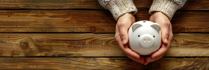 Panoramic image of man holding piggy bank on wood table for saving money and financial investment - Powered by Adobe