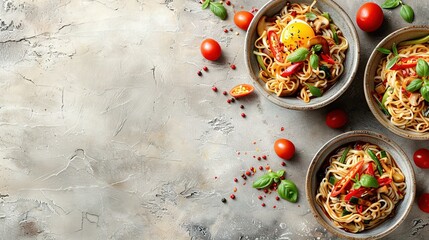  Three bowls of pasta with tomatoes, basil, and an egg on a gray background, adorned with red pepper sprinkles