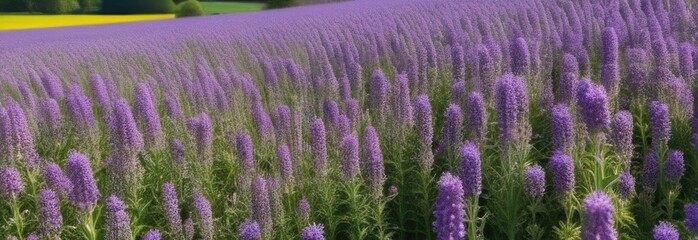 Panorama with colorful purple flowers on the field outdoors. postcard, greeting card, selective focus, Beautiful nature, wildflowers and gardening. Banner